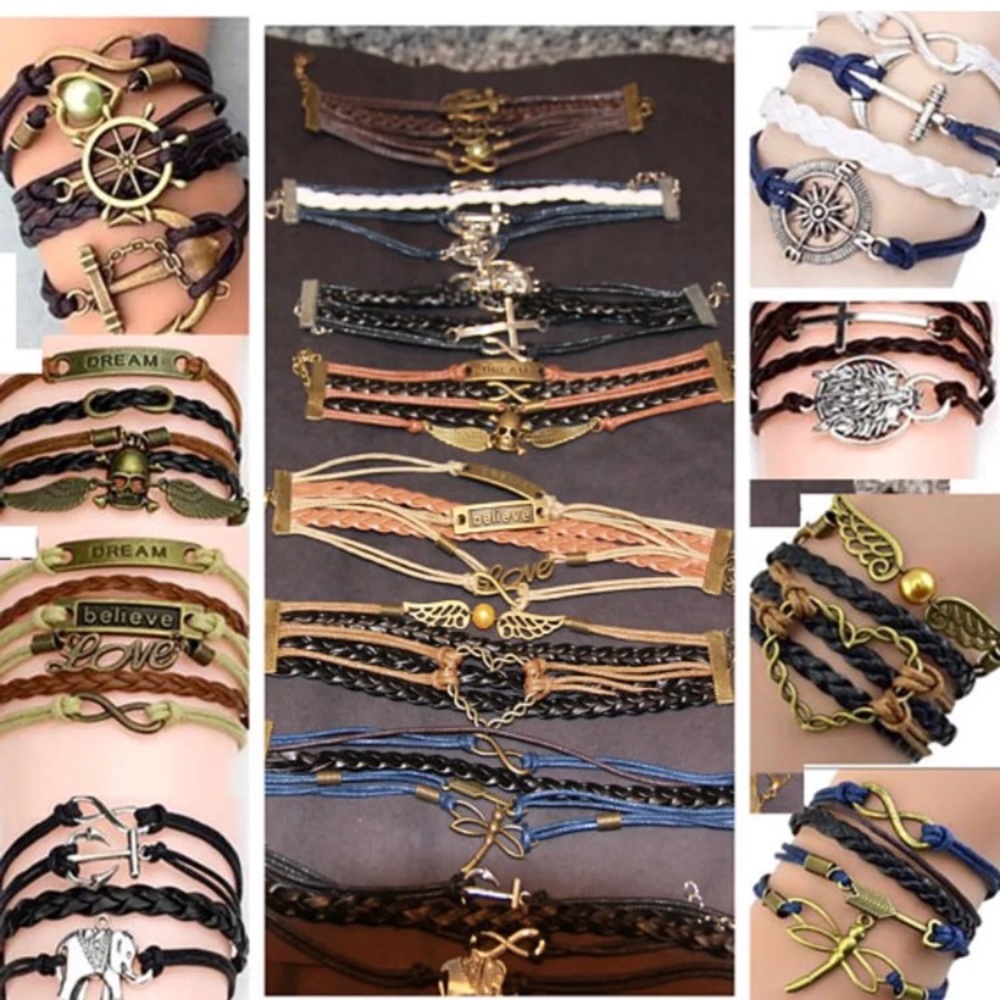 Bracelet lot, leather bracelets, braided layered
